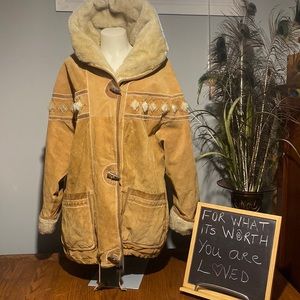 Vintage 1990s Venezia Suede Leather Sherpa Hooded Winter Coat Boho Tan Large